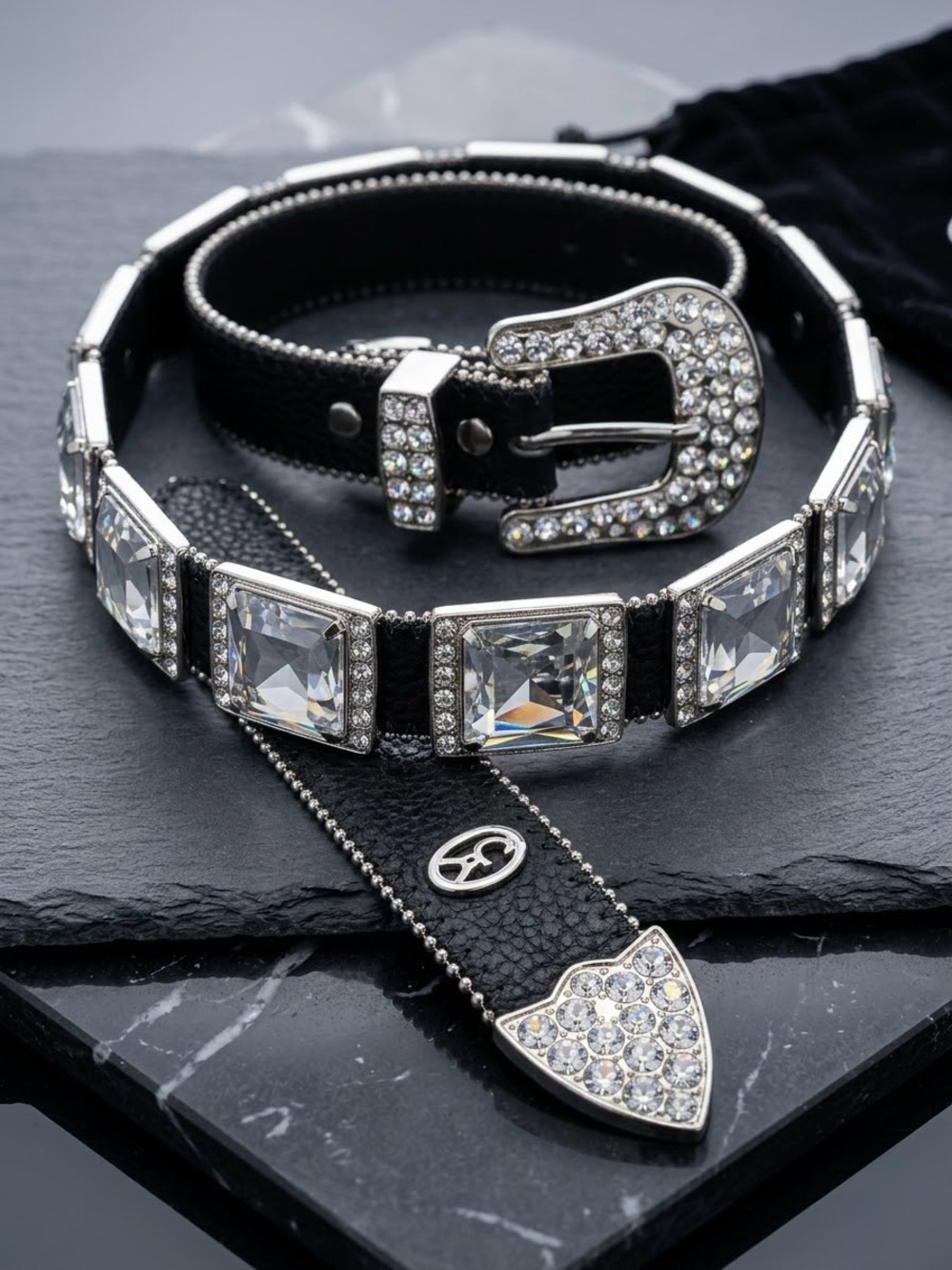 Christine Alexander Black Crystal-Embellished Rhinestone Belt 41”